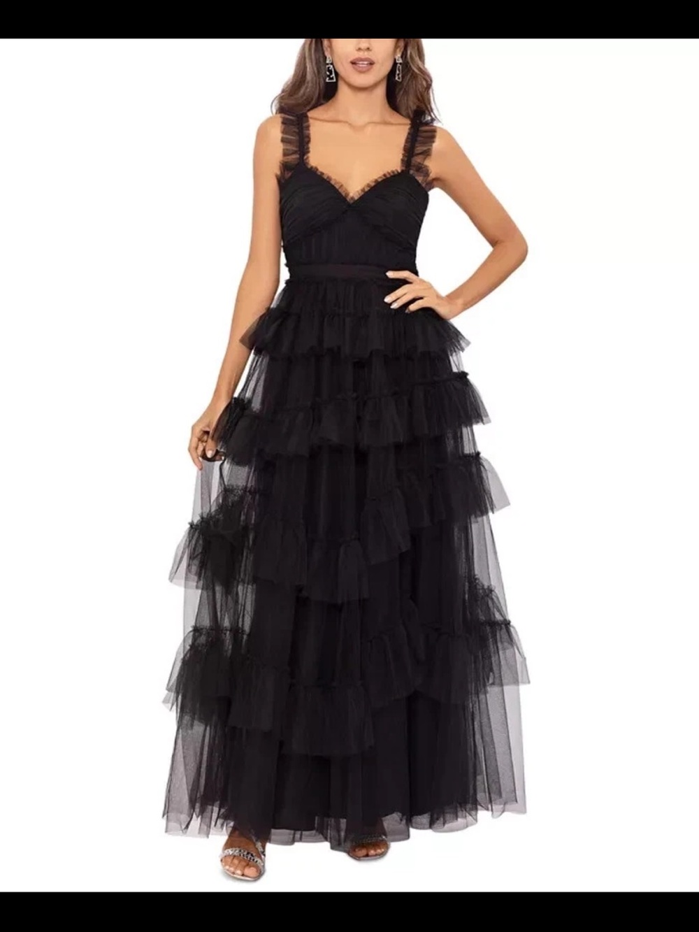 Betsy & Adam Black Tiered Tulle Ruffle Gown Size 8